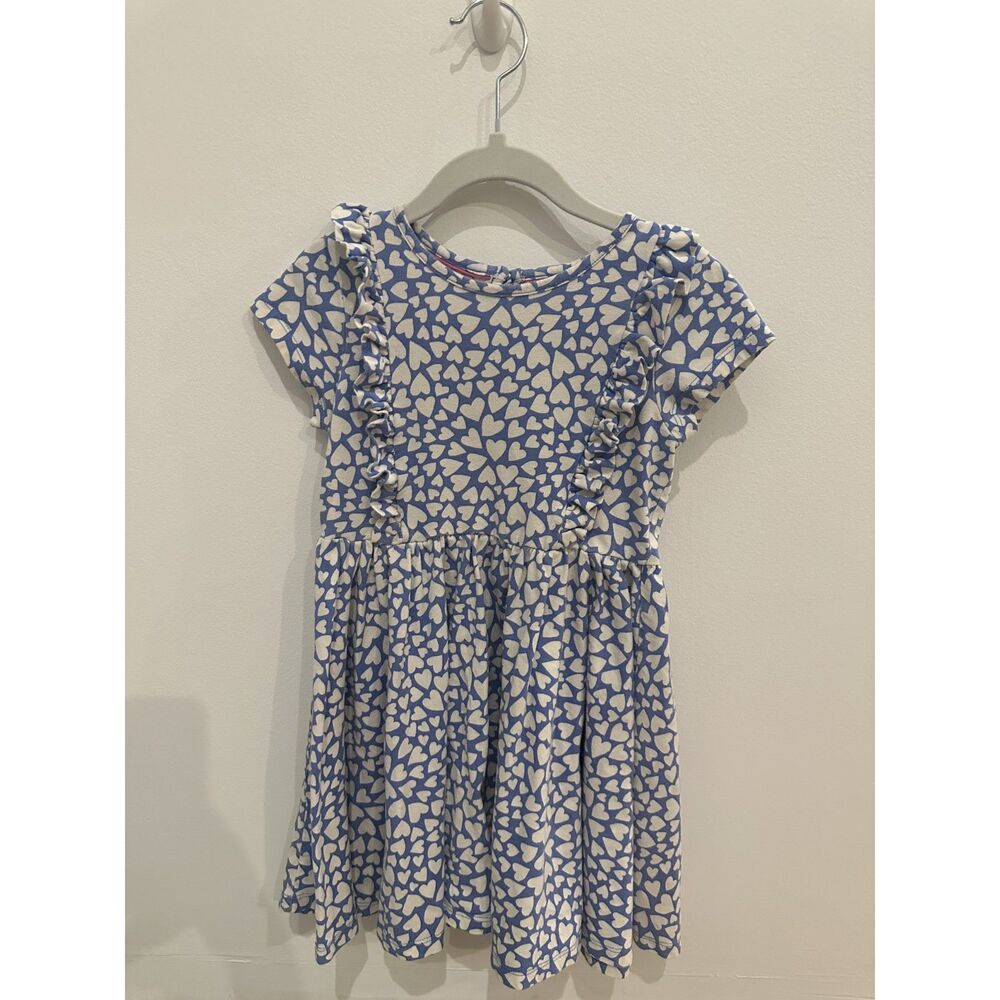 Mini Boden Blue and White Hearts Short Sleeve Ruffle Dress 4-5 Year